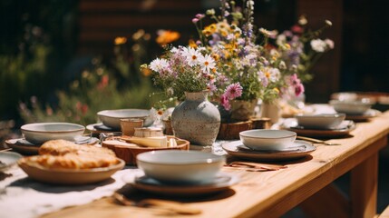 Fototapeta premium Rustic wooden dining table set for outdoor garden party with ceramic tableware and wildflower bouquet. Countryside backyard brunch celebration, summer gathering and picnic table decor.