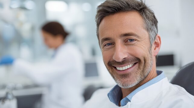 Smiling dentist looking at camera in dental clinic. Male doctor portrait in medical office. Professional healthcare and modern dentistry service. Oral care, hygiene and medical treatment.