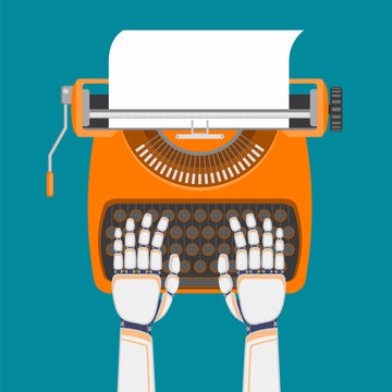 Robot hands typing on a typewriter. Vector illustration.
