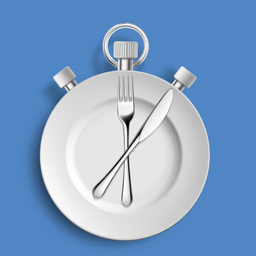 Empty plate with fork and kitchen knife against the background of a sports stopwatch. Vector illustration