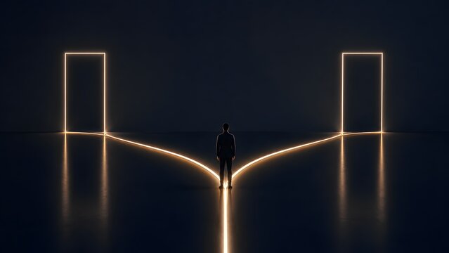 Businessman standing at glowing crossroad path facing two illuminated doorways representing business choice career decision and future opportunity