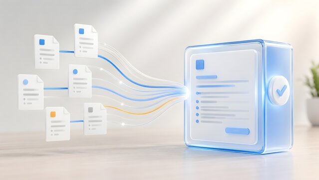 Digital document consolidation and automated data processing concept showing files connecting to a centralized glowing database folder.