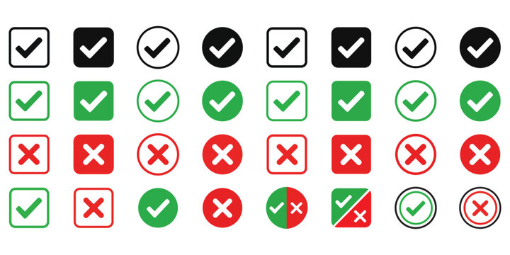 check mark icon button set. check box icon with right and wrong buttons and yes or no checkmark icons in green tick box and red cross. vector illustration
