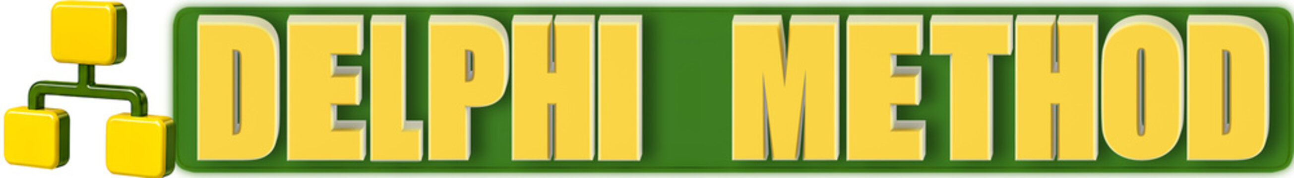 Delphi Method 3d Lettering and Frame Work, isolated on green curved rectangular background- 3d rendering