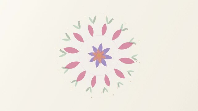 Rotating floral mandala pattern featuring purple flower and pink petals on cream background