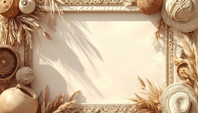 Elegant Boho Style Travel Frame Displaying Dried Pampas Grass Straw Hat and Seashells on Neutral Linen