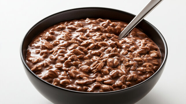 A bowl of chocolate oatmeal with a spoon isolated on white background