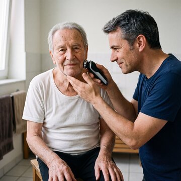 Nahaufnahme wie ein erwachsener Sohn seinen alten Vater im hellen Badezimmer mit einem Rasierer rasiert