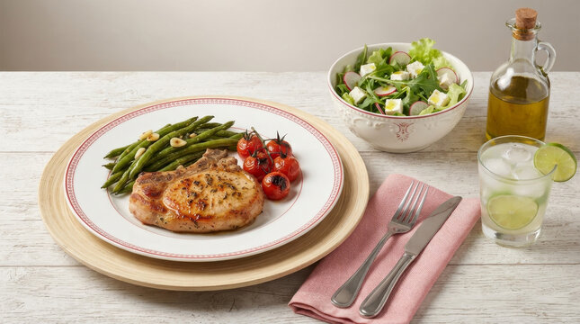 Juicy grilled pork chop with saut&eacute;ed green beans and cherry tomatoes, accompanied by a fresh green salad and an ice-cold caipirinha on a rustic wooden table.