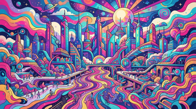 A vibrant, psychedelic, futuristic city with swirling colorful landscapes, abstract buildings, and a bright sun in a dreamlike, wavy art style.