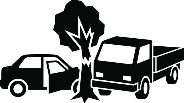 Car and truck vehicle accident vector icon showing collision with broken tree for auto insurance claim illustration,