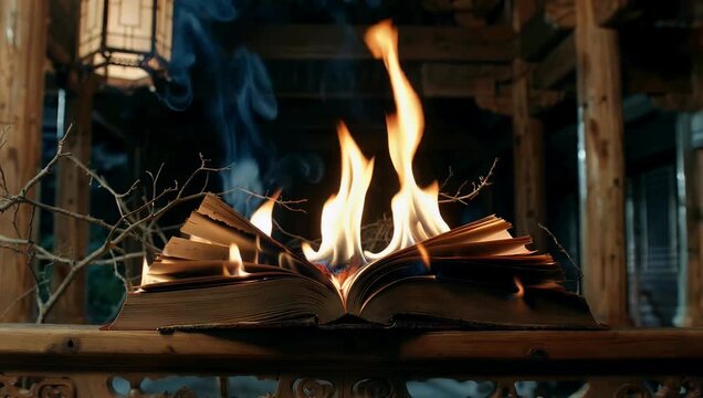 Dramatic night scene inside an old Oriental temple pavilion showing an antique leather bound journal crackling and turning to ash over a campfire of dry twigs