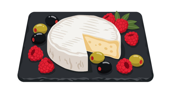 Camembert cheese platter with fresh raspberries and olives
