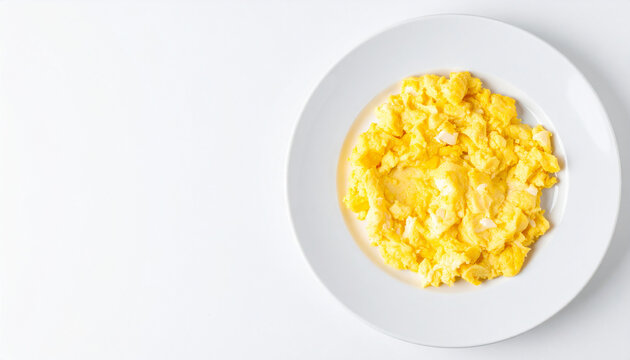 Fresh scrambled eggs on white ceramic plate on white table background, healthy breakfast concept, tasty food. Cooking concept. Close-up.