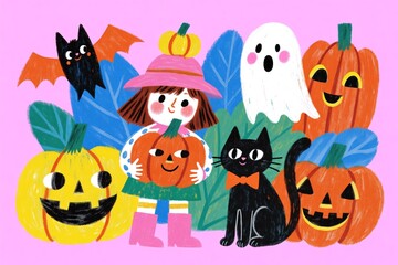 Fototapeta premium hand drawn stylized illustration of Halloween characters including a girl, black cat, bat, ghost, and pumpkins on pink background