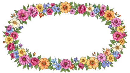 Fototapeta premium colorful oval floral frame wreath composed of hand drawn flowers including roses, daisies, and blue blossoms with central white copy space, suitable for invitations or greeting cards
