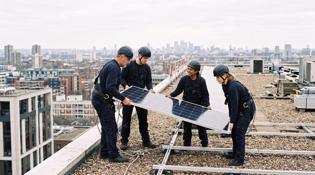 Vierk&ouml;pfiges Team hievt in Halbtotale ein Solarmodul auf einem Flachdach hoch &uuml;ber der Stadt