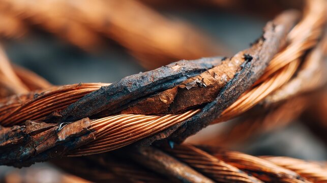 Burnt copper wires twist tightly together