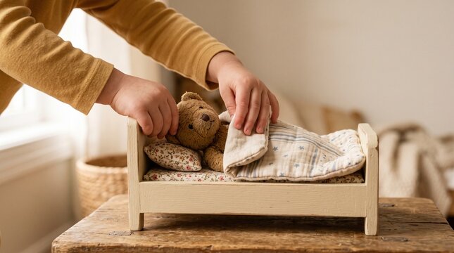 Child tucking in a teddy bear. Kid putting a stuffed animal to sleep in a toy bed.