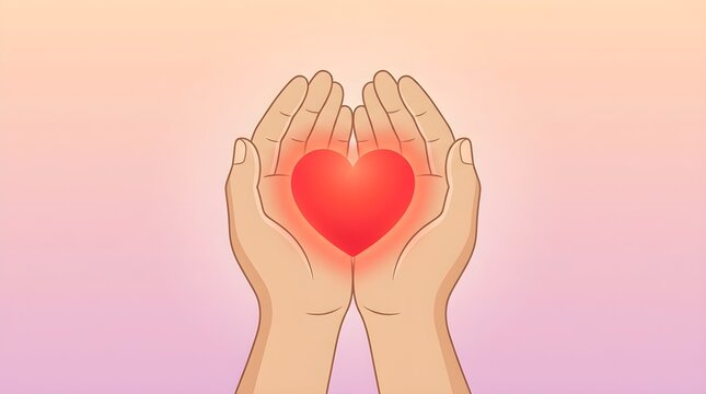 Hands holding a glowing red heart shape symbol representing love and care