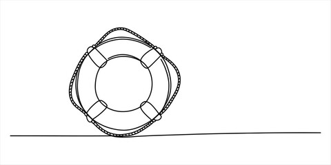 A simple black and white line art drawing of a round lifebuoy ring floating on the surface of the water for safety and emergency rescue illustration © Pabon Art Gallery