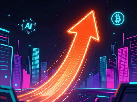 Glowing neon arrow moving upward representing exponential financial growth and business success.