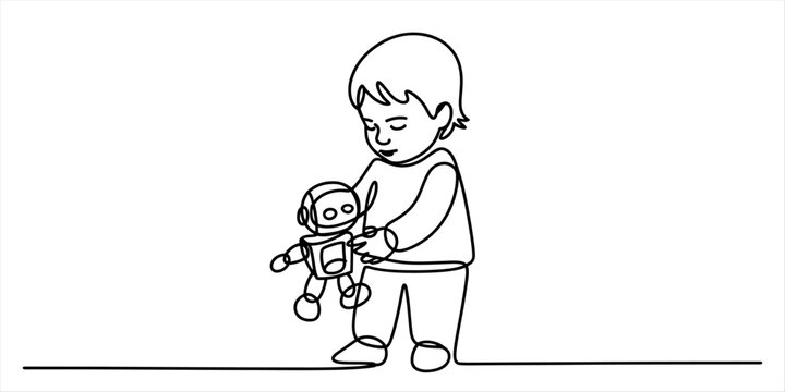 A cute little child playing with a small toy robot drawn in a simple continuous single line art style illustration for kids and modern home decor design