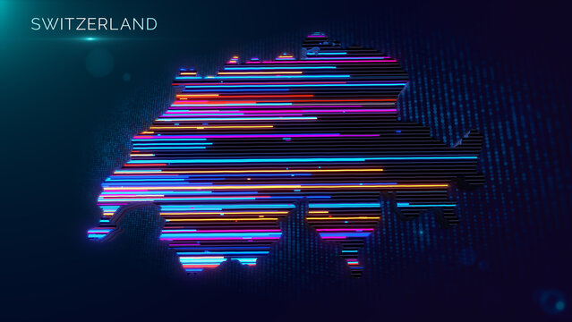 High-tech 3D Switzerland map composed of vibrant neon lines with a Switzerland text label set against a dark blue glowing particle dot screen background.