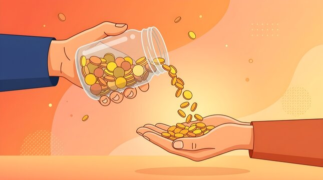 Hand pouring gold coins from a jar into an open palm with investment, donating