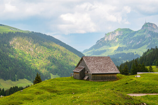 Wooden alpine cabin in the Swiss mountains near Hoher Kasten