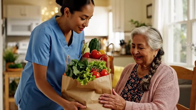 Caregiver delivering groceries to senior woman at home. Helpful health aid providing food in paper bag to happy grandmother. Elderly support and community service.