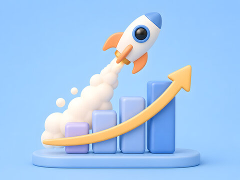 3D illustration of a rocket launching from bar chart representing business growth and financial success