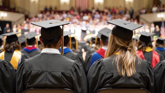Graduates sitting at commencement ceremony. Man and woman wearing gowns and caps at university celebration. Academic achievement event for students in assembly hall.