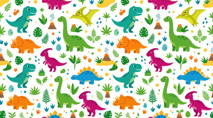 Naklejka premium Cute Cartoon Dinosaurs Seamless Pattern in Flat Style for Kids Design. Prehistoric Reptiles, Volcanoes Plants.