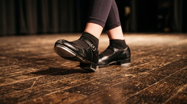 Dancer wearing tap shoes on stage. Performer practicing rhythmic dance steps on floor.