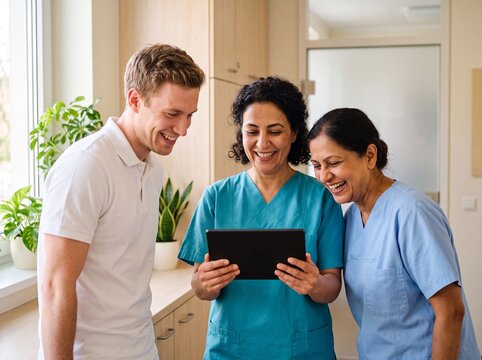 Nahaufnahme von drei l&auml;chelnden Pflegekr&auml;ften die in der Praxis am Tablet eine gute Nachricht teilen