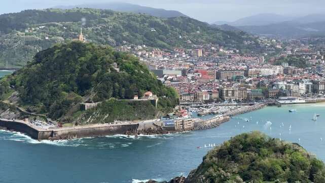 San Sebastian Port Monte Urgull Cristo Mota City Aerial View Sailing Regatta 4K 60fps