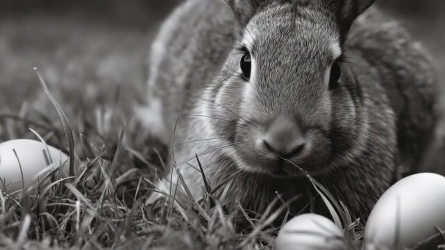 A cute grey rabbit sitting on grass surrounded by white eggs.