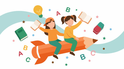 Fototapeta premium Children flying on rocket pencil with books, symbolizing imagination and education
