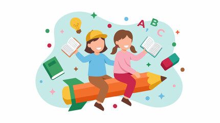 Obraz premium Children flying on a pencil rocket, symbolizing learning and education