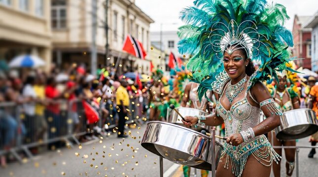 Carnival Dancer Playing Steel Drums in Colorful Costume on
