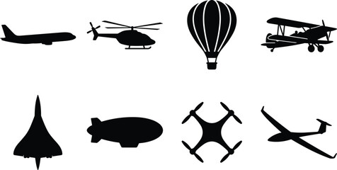 Aircraft Silhouette Icon Set with Airplane Helicopter Balloon Drone and Aviation Vehicles © MdArshadul