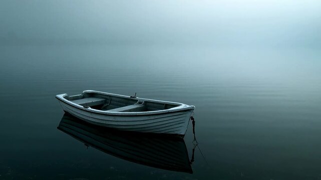 A solitary rowboat floats peacefully on a tranquil lake shrouded in a soft, ethereal morning mist, creating a sense of quiet solitude