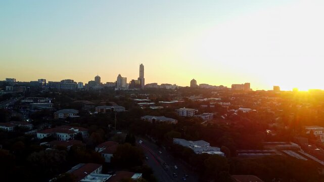 Drone view of Sandton at sunset