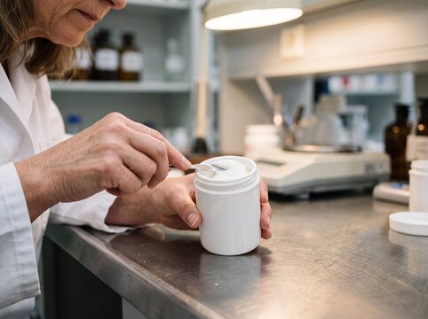 Nahaufnahme der H&auml;nde einer Apothekerin die wei&szlig;e Salbe mit einem Spatel in eine Kruke einf&uuml;llt