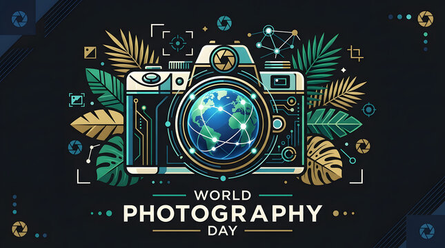World photography day dark concept with professional digital camera and glowing earth globe lens
