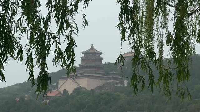 Ancient pagoda temple architecture set on a hilltop in China. Traditional Asian building framed by green willow tree branches. Historical monument and scenic travel destination landmark.