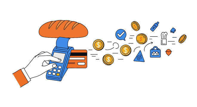 Hand using credit card reader terminal for grocery payment