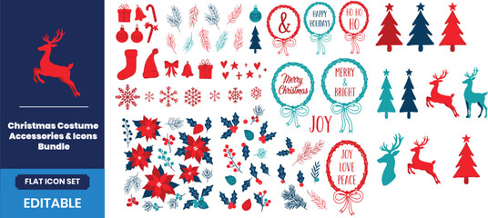 Set of festive hand drawn christmas elements including trees reindeer poinsettia flowers and holiday decorative wreaths © Moriyom