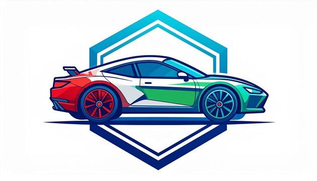 Modern Stylized Sports Car Racing Logo Illustration with Colorful Italian Flag Colors and Blue Hexagonal Frame